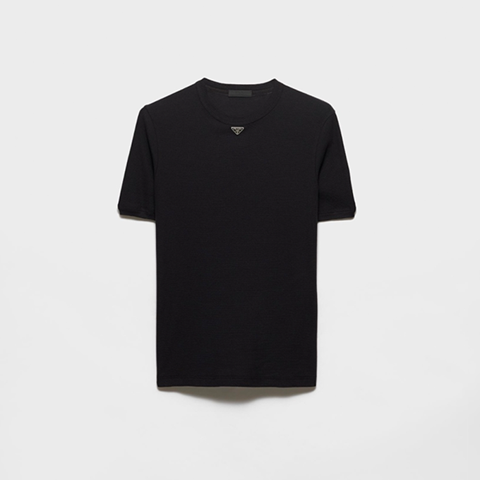 prada mini triangle logo waffle knit short sleeve t-shirt